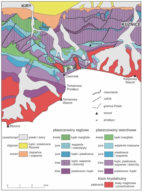 Mapa geologiczna polskiej części Tatr Zachodnich i Wysokich między Kirami, Kuźnicami a granicą państwa. Na północy kenozoiczne skały fliszowe (eocen, oligocen), w środku pasy płaszczowin reglowych i wierchowych zbudowanych ze skał mezozoicznych (trias, jura, kreda), na południu przy granicy czerwony paleozoiczny trzon krystaliczny (Błyszcz, Tomanowy Wierch, Kasprowy Wierch).